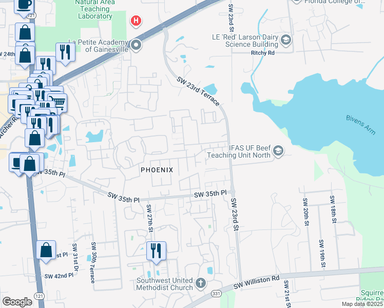 map of restaurants, bars, coffee shops, grocery stores, and more near 2930 Southwest 23rd Terrace in Gainesville