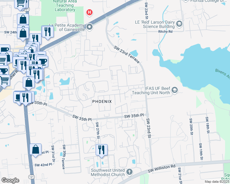 map of restaurants, bars, coffee shops, grocery stores, and more near 2930 Southwest 23rd Terrace in Gainesville