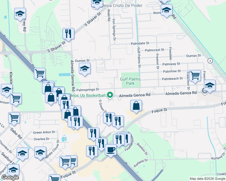 map of restaurants, bars, coffee shops, grocery stores, and more near 11619 Palmsprings Drive in Houston