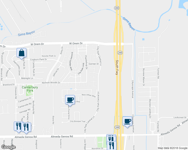map of restaurants, bars, coffee shops, grocery stores, and more near 11900 City Park Central Lane in Houston
