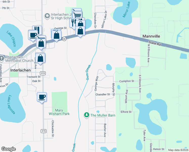 map of restaurants, bars, coffee shops, grocery stores, and more near 107 George Way in Interlachen