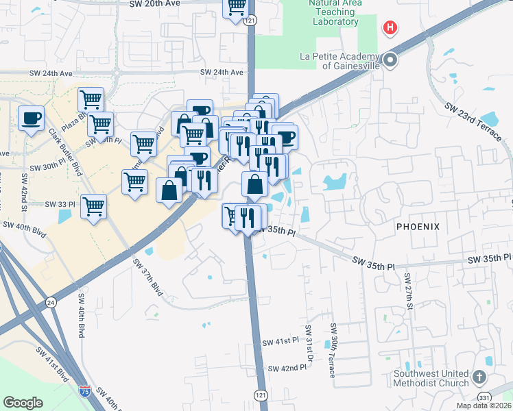 map of restaurants, bars, coffee shops, grocery stores, and more near 3405 Southwest 34th Street in Gainesville