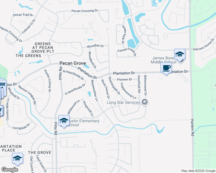 map of restaurants, bars, coffee shops, grocery stores, and more near 1911 Rock Fence Drive in Richmond