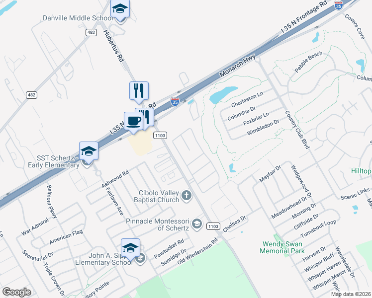 map of restaurants, bars, coffee shops, grocery stores, and more near 5124 Black Horse in Schertz