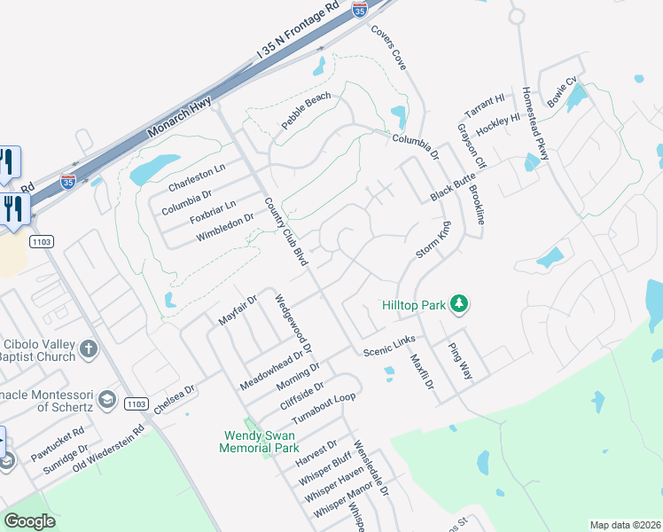 map of restaurants, bars, coffee shops, grocery stores, and more near 3632 Chestnut Court in Schertz