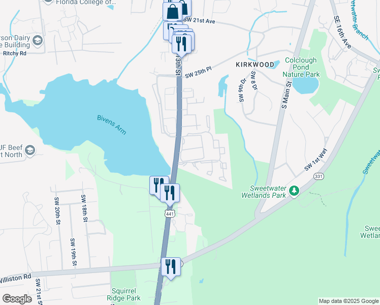 map of restaurants, bars, coffee shops, grocery stores, and more near 2901 Southwest 13th Street in Gainesville