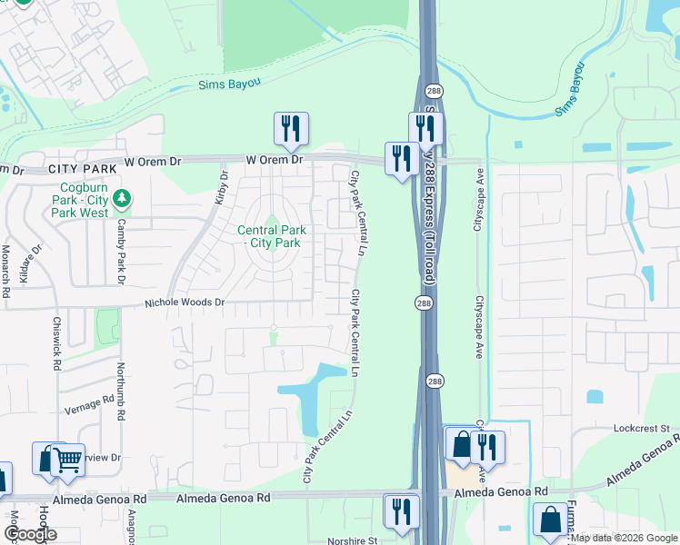map of restaurants, bars, coffee shops, grocery stores, and more near 11900 City Park Central Lane in Houston
