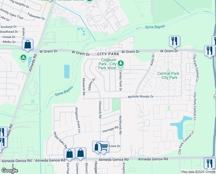 map of restaurants, bars, coffee shops, grocery stores, and more near 11911 Green Colling Park Drive in Houston