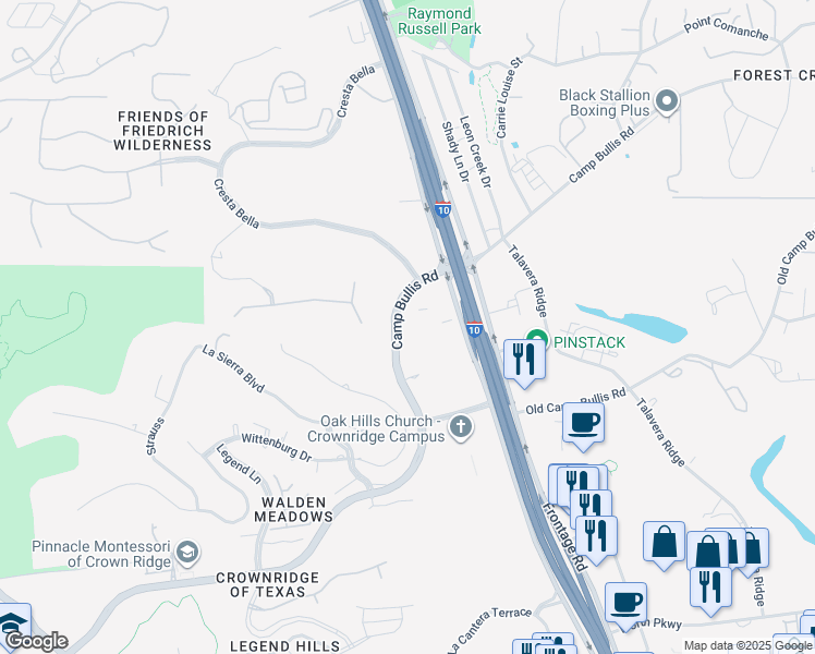 map of restaurants, bars, coffee shops, grocery stores, and more near 2 Camp Bullis Road in San Antonio