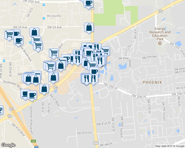 map of restaurants, bars, coffee shops, grocery stores, and more near 3247 Southwest 34th Street in Gainesville