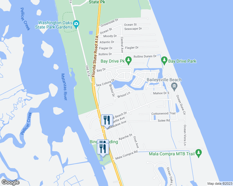map of restaurants, bars, coffee shops, grocery stores, and more near 6 Bristol Lane in Palm Coast