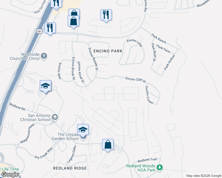 map of restaurants, bars, coffee shops, grocery stores, and more near 19501 Encino Creek in San Antonio