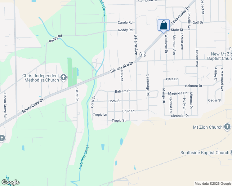 map of restaurants, bars, coffee shops, grocery stores, and more near 3429 Balsam Street in Palatka