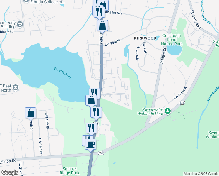 map of restaurants, bars, coffee shops, grocery stores, and more near 2901 Southwest 13th Street in Gainesville