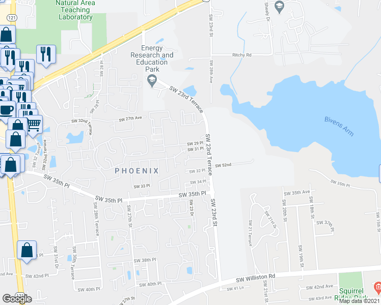 map of restaurants, bars, coffee shops, grocery stores, and more near 2360 Southwest 31 Place in Gainesville