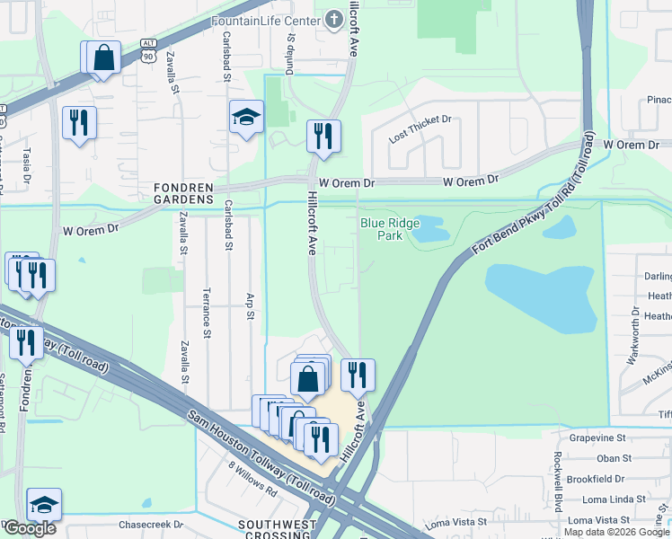map of restaurants, bars, coffee shops, grocery stores, and more near 13950 Hillcroft Street in Houston