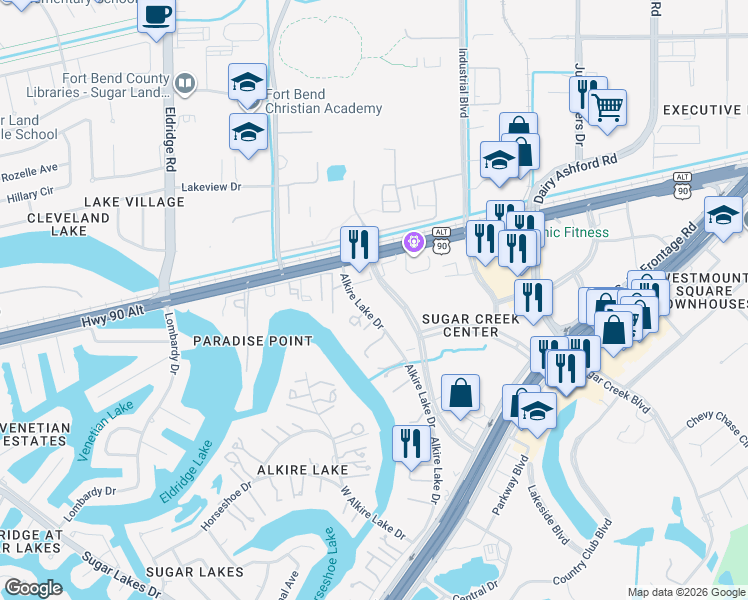 map of restaurants, bars, coffee shops, grocery stores, and more near 151 Commerce Green Boulevard in Sugar Land