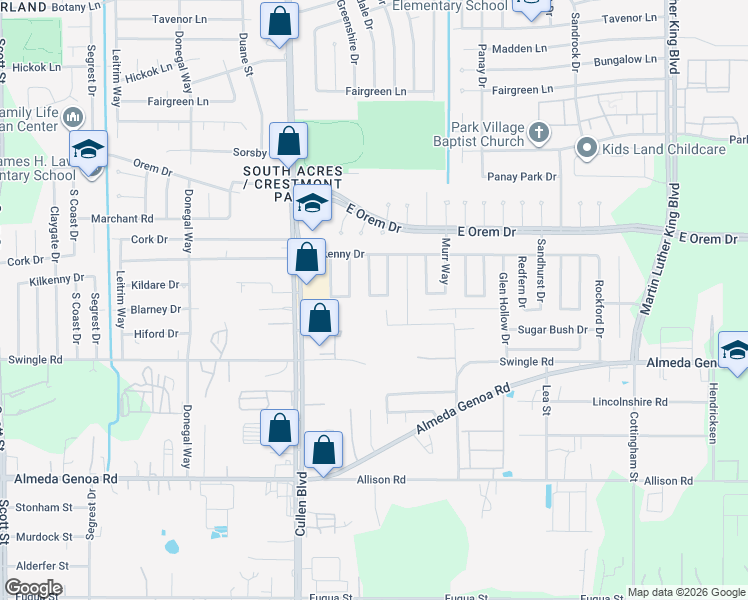 map of restaurants, bars, coffee shops, grocery stores, and more near 12811 Greenshire Drive in Houston