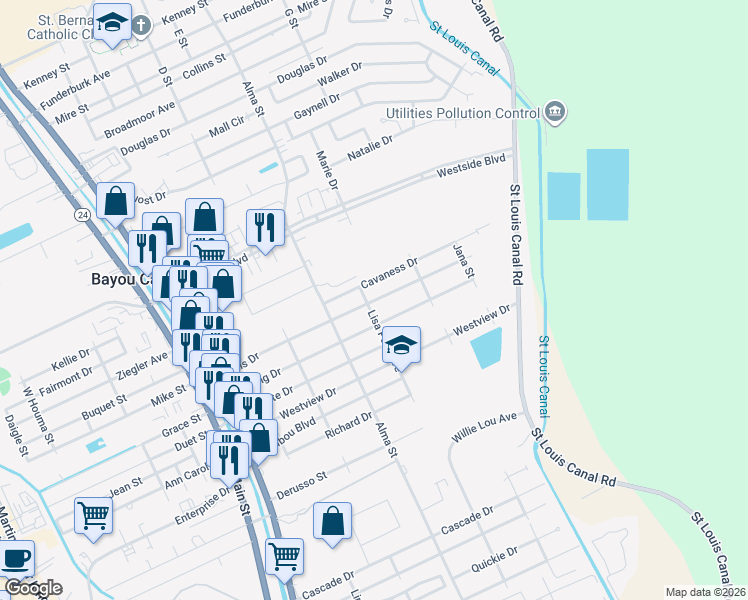map of restaurants, bars, coffee shops, grocery stores, and more near 403 Louis Drive in Houma