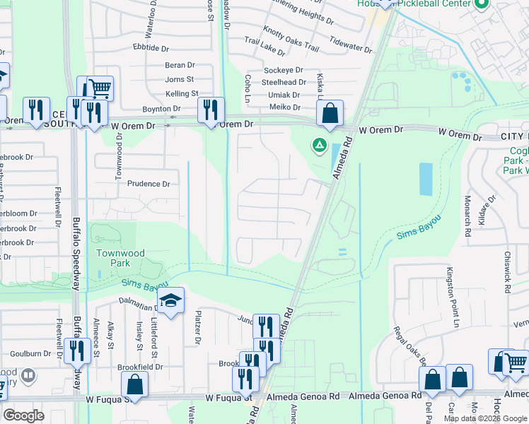 map of restaurants, bars, coffee shops, grocery stores, and more near 2810 Painted Sunrise Trail in Houston