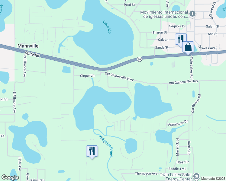map of restaurants, bars, coffee shops, grocery stores, and more near 121 Twin Lake Grove Drive in Interlachen