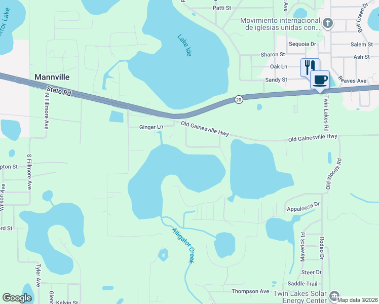 map of restaurants, bars, coffee shops, grocery stores, and more near 121 Twin Lake Grove Drive in Interlachen