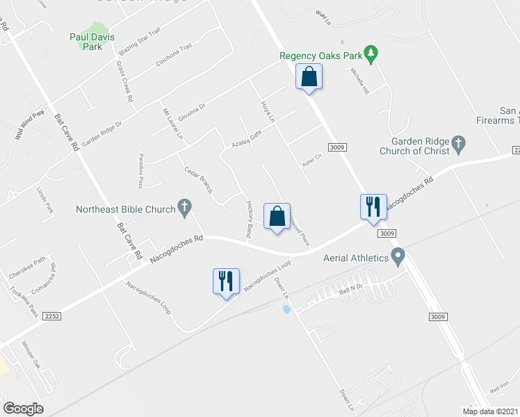 map of restaurants, bars, coffee shops, grocery stores, and more near 20008 Hickory Bend in Garden Ridge