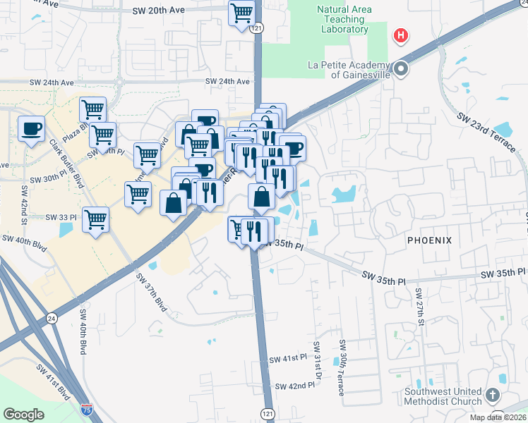 map of restaurants, bars, coffee shops, grocery stores, and more near 3405 Southwest 34th Street in Gainesville