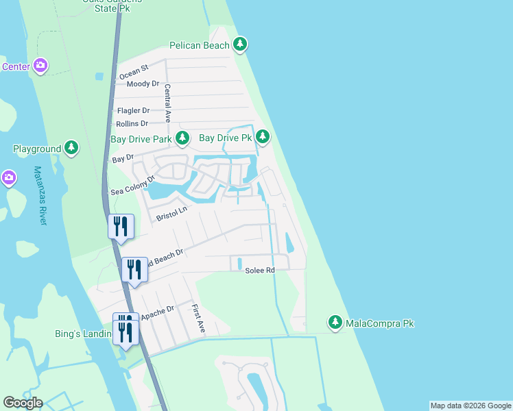 map of restaurants, bars, coffee shops, grocery stores, and more near 15 Mahoe Drive North in Palm Coast