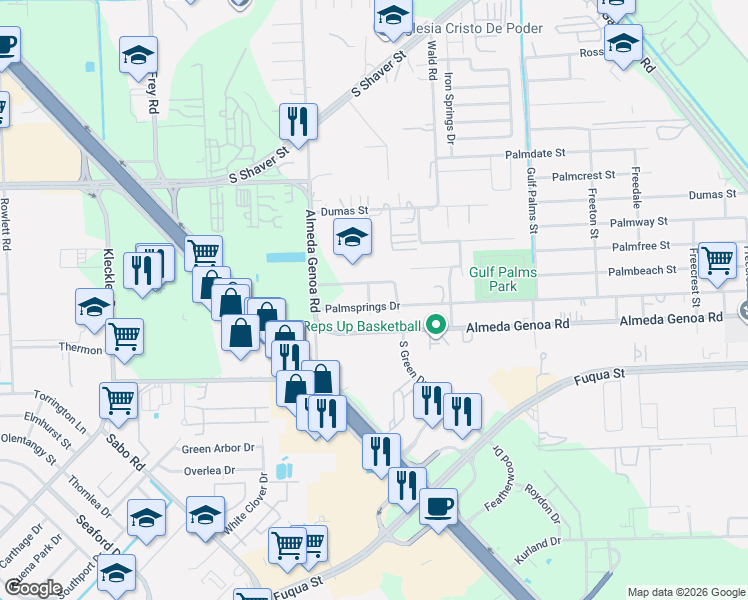 map of restaurants, bars, coffee shops, grocery stores, and more near 11403 Palmsprings Drive in Houston