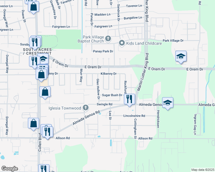 map of restaurants, bars, coffee shops, grocery stores, and more near 12815 Sandhurst Drive in Houston
