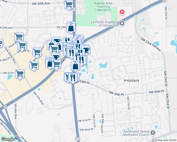map of restaurants, bars, coffee shops, grocery stores, and more near 3100 Southwest 35th Place in Gainesville