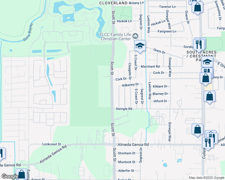 map of restaurants, bars, coffee shops, grocery stores, and more near Scott Street in Houston