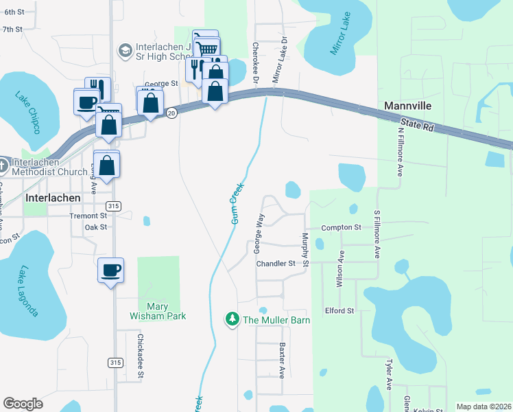 map of restaurants, bars, coffee shops, grocery stores, and more near 107 George Way in Interlachen