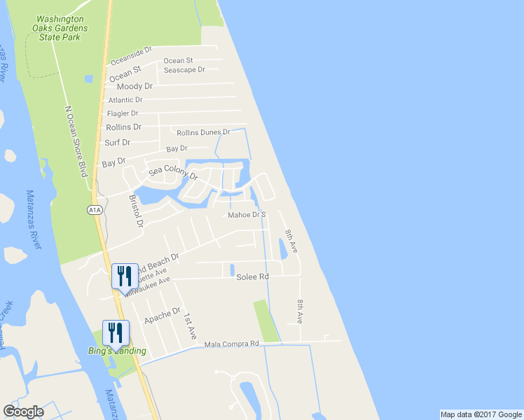 map of restaurants, bars, coffee shops, grocery stores, and more near 5 Mahoe Drive North in Palm Coast