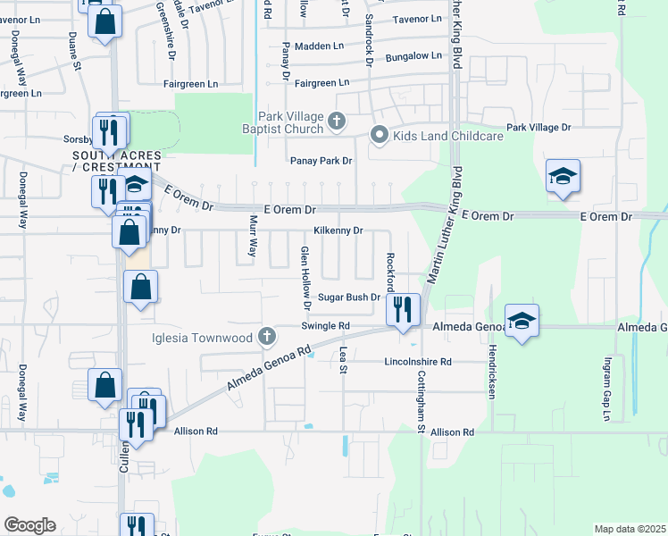 map of restaurants, bars, coffee shops, grocery stores, and more near 12815 Sandhurst Drive in Houston