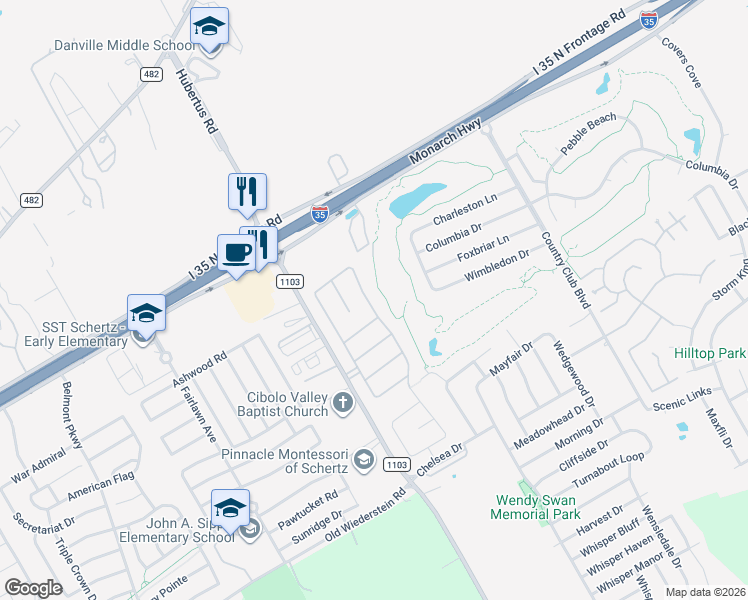 map of restaurants, bars, coffee shops, grocery stores, and more near 5128 Eagle Valley Street in Schertz