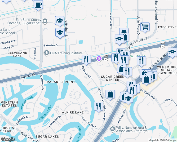 map of restaurants, bars, coffee shops, grocery stores, and more near 151 Commerce Green Boulevard in Sugar Land