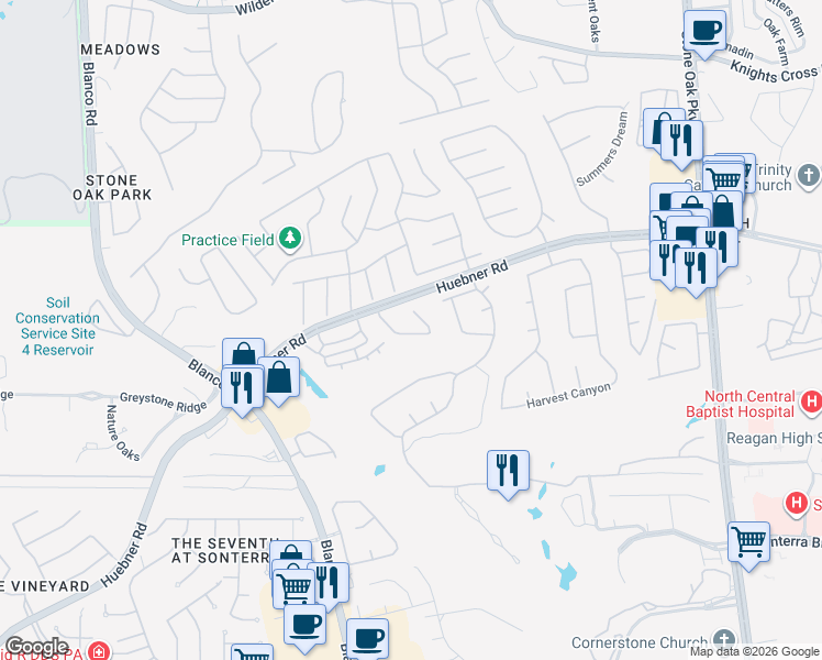 map of restaurants, bars, coffee shops, grocery stores, and more near 117 Stone Hill Drive in San Antonio