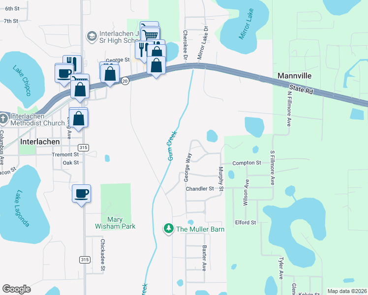 map of restaurants, bars, coffee shops, grocery stores, and more near 107 George Way in Interlachen