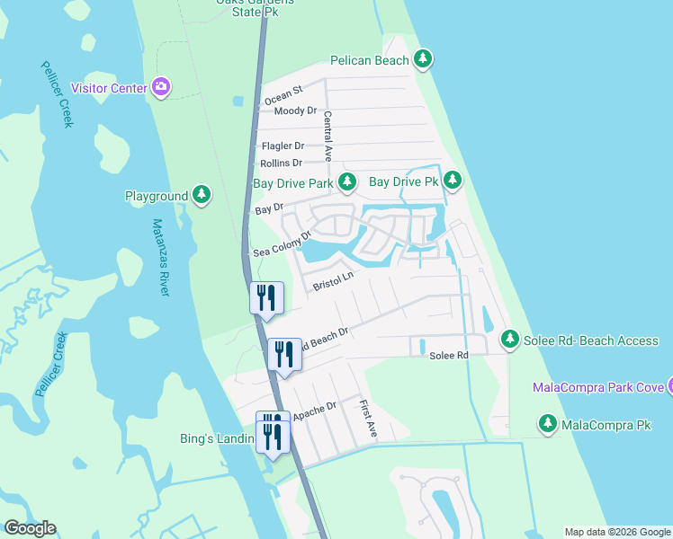 map of restaurants, bars, coffee shops, grocery stores, and more near 26 Bristol Lane in Palm Coast