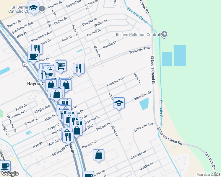 map of restaurants, bars, coffee shops, grocery stores, and more near 403 Louis Drive in Houma