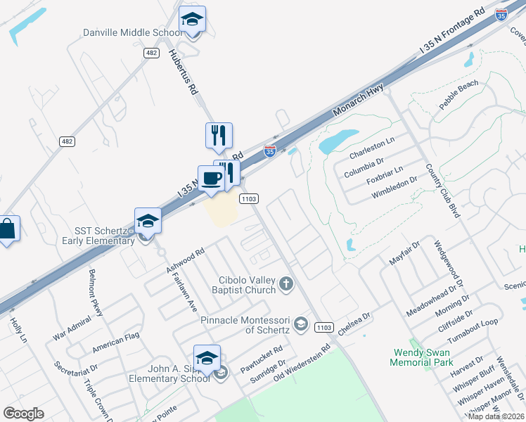 map of restaurants, bars, coffee shops, grocery stores, and more near 5169 Timber Springs in Schertz