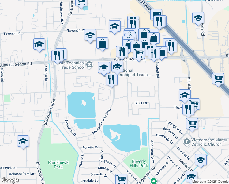 map of restaurants, bars, coffee shops, grocery stores, and more near 9947 Windmill Lakes Boulevard in Houston