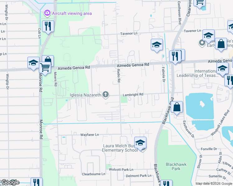map of restaurants, bars, coffee shops, grocery stores, and more near 9834 Radio Road in Houston