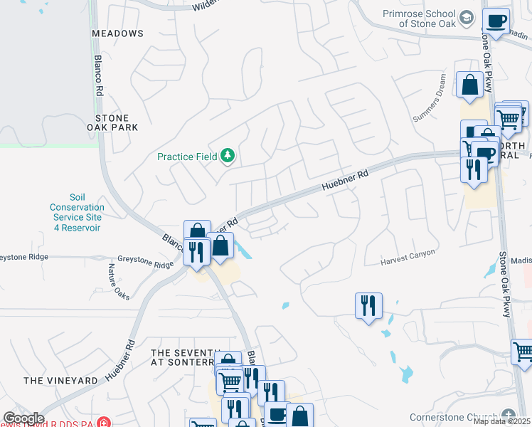 map of restaurants, bars, coffee shops, grocery stores, and more near 19950 Huebner Road in San Antonio