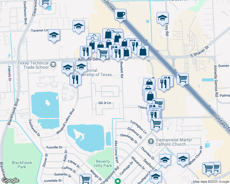 map of restaurants, bars, coffee shops, grocery stores, and more near 10007 Victoria Heights Lane in Houston