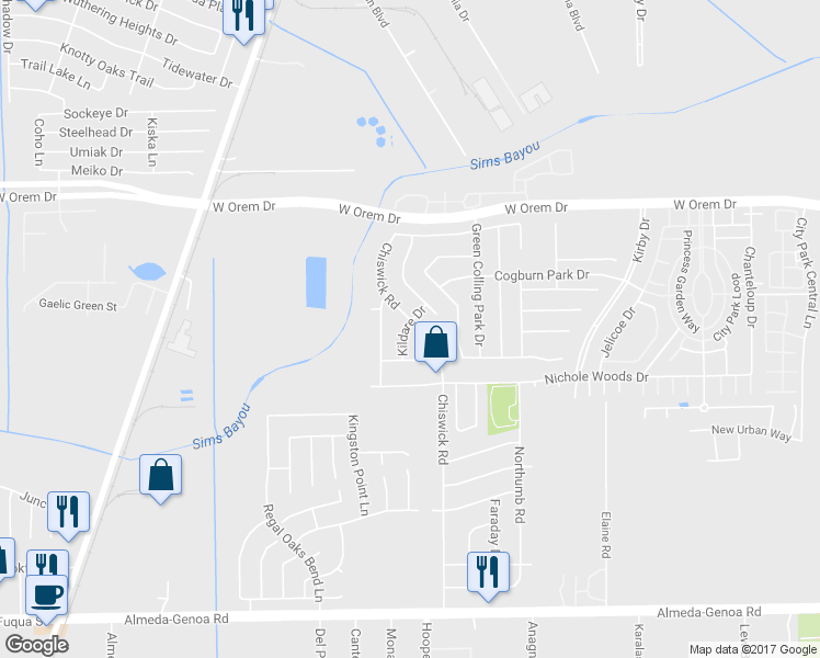 map of restaurants, bars, coffee shops, grocery stores, and more near 12634 Chiswick Road in Houston