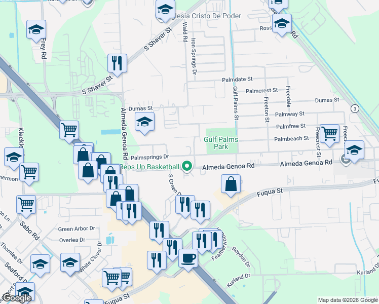 map of restaurants, bars, coffee shops, grocery stores, and more near 11619 Palmsprings Drive in Houston