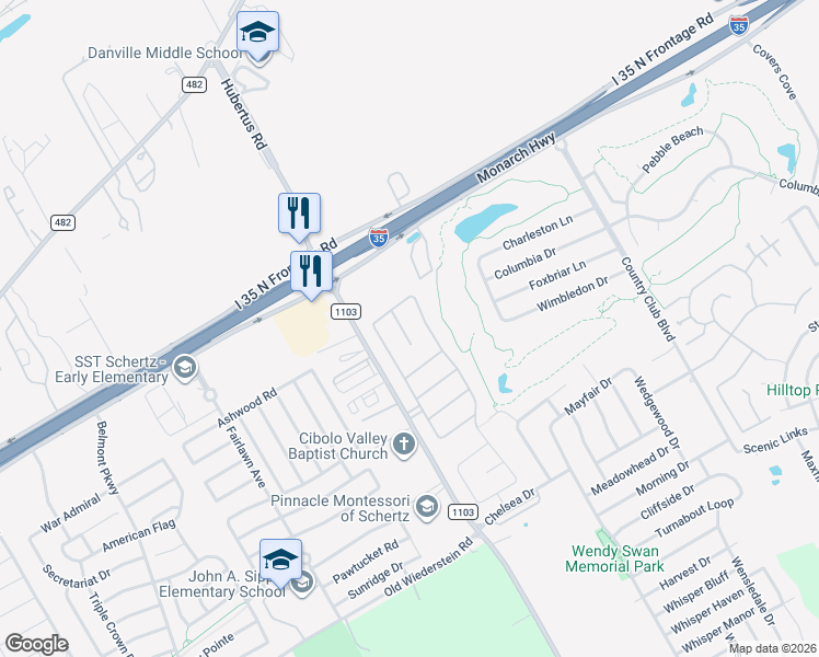 map of restaurants, bars, coffee shops, grocery stores, and more near 5124 Black Horse in Schertz